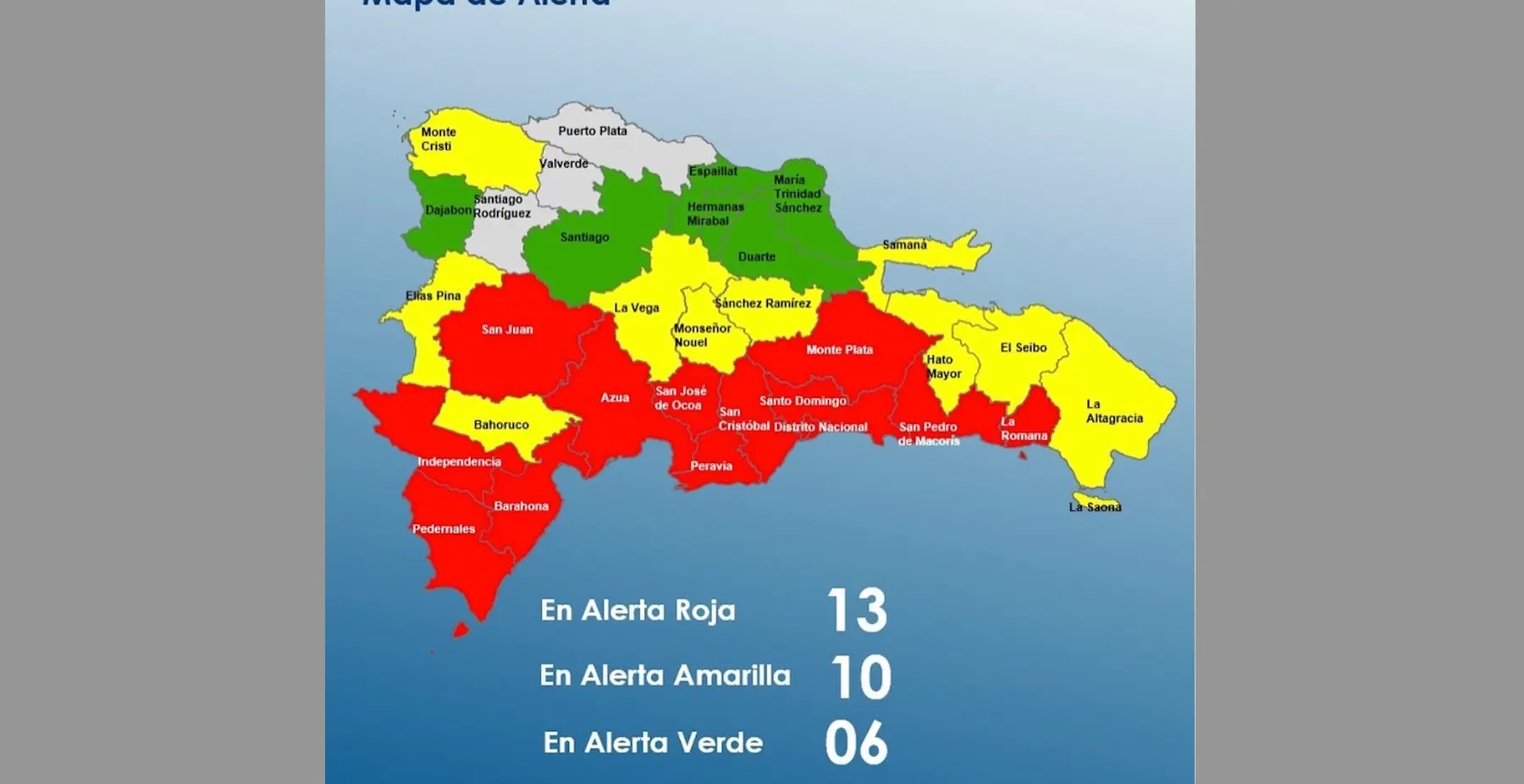 COE aumenta 12 provincias en alerta roja